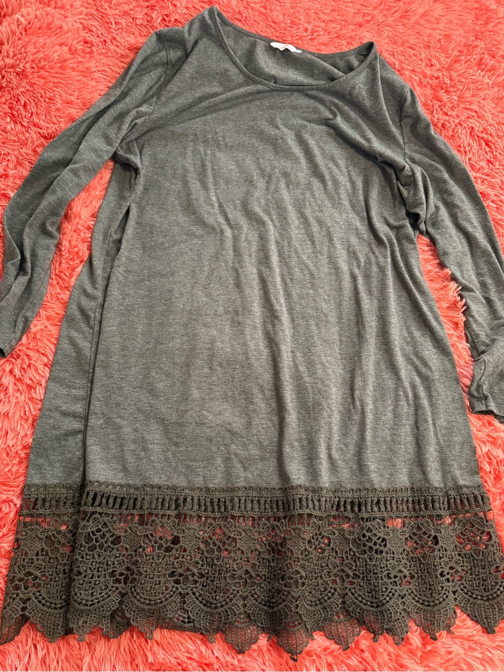 Women’s Gray Long Sleeve Nightdress with Crochet Hem